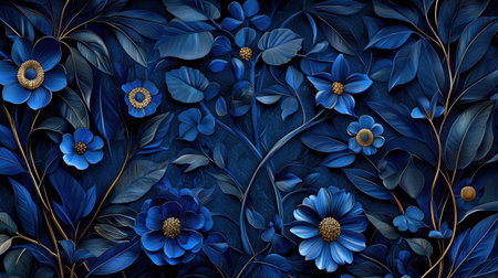 Discover an intricate blue floral pattern featuring detailed flowers and leaves against a dark background. Perfect for home decor, wallpapers, and artistic designs.の素材