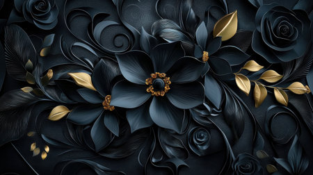 This captivating dark floral design features delicate flowers and golden accents, creating a luxurious and modern aesthetic ideal for sophisticated decor.の素材