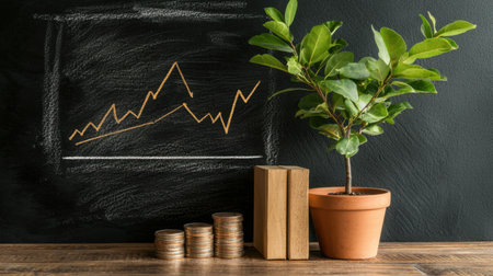 A creative representation of financial growth featuring a thriving plant alongside coins, a wooden block, and a graph drawn on a dark background, symbolizing prosperity and investment.の素材
