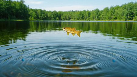 A vibrant fish leaps from the surface of a tranquil lake, surrounded by lush greenery and reflected in calm waters, showcasing nature's beauty.の素材