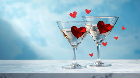 Two elegant glasses filled with a light cocktail, each adorned with red heart decorations, set against a soft, dreamy background, perfect for romantic occasions.の素材
