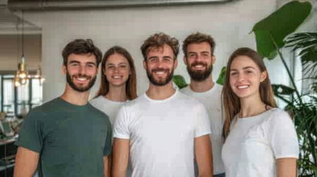 A vibrant group of five young friends smiles broadly in a modern workspace, showcasing the joy of teamwork and friendship in a casual, professional setting.の素材