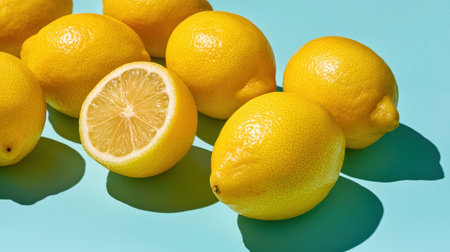 A vibrant arrangement of fresh yellow lemons on a bright blue backdrop. One lemon is sliced open, showcasing its juicy interior. Ideal for food styling and healthy lifestyle imagery.の素材