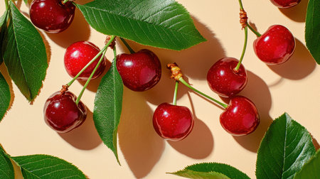 A stunning close-up of fresh red cherries accompanied by lush green leaves against a light backdrop, highlighting the vibrant colors and natural beauty of summer fruits.の素材