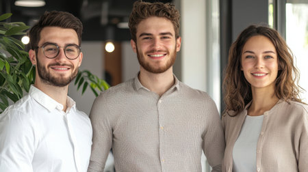Three young professionals smile warmly in a bright, contemporary office, showcasing teamwork and positive energy. Ideal for business or career themes.の素材