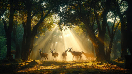 A stunning scene featuring majestic deer moving gracefully through a sunlit forest, with rays of light piercing through the misty trees, creating a serene atmosphere.の素材