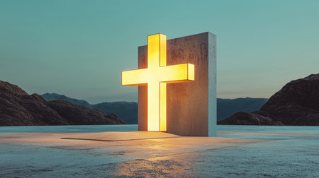 A striking illuminated cross structure stands against a serene landscape, reflecting the calmness of nature during dusk, symbolizing faith and tranquility.の素材