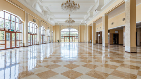 This spacious interior features a stunning marble floor, high ceilings, and elegant chandeliers. The abundant natural light enhances the inviting atmosphere, perfect for various events.の素材