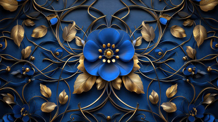 Discover a striking floral design featuring vibrant blue flowers and intricate gold accents, set against a deep blue background. Perfect for elegant decor.の素材