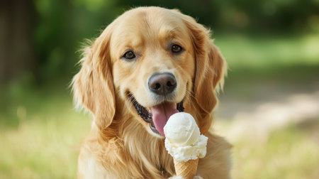 A joyful golden retriever holds an ice cream cone, radiating happiness. This playful moment captures the essence of summer fun and companionship in nature.の素材