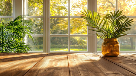 A serene indoor scene featuring a green plant in a vase on a wooden table. Sunlight streams through large windows, creating a calm, inviting atmosphere.の素材