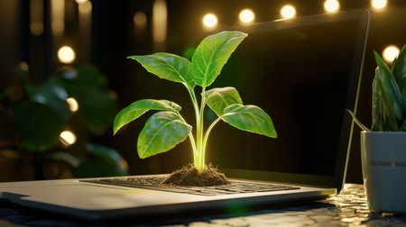 A vibrant green plant emerges from a laptop keyboard, symbolizing growth and innovation in a modern workspace, blending nature with technology for inspiration.の素材