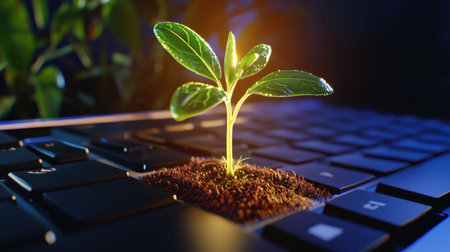 A vibrant green plant emerges from a laptop keyboard, blending technology and nature. This image symbolizes the harmony between digital innovation and the natural world.の素材