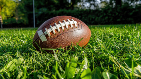 A stunning close-up image of a brown football resting on vibrant green grass, capturing the essence of outdoor sports and summer leisure activities.の素材