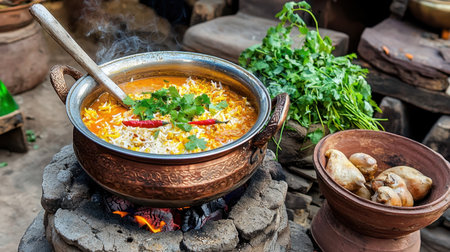 A vibrant outdoor cooking scene featuring a traditional pot filled with aromatic rice, herbs, spices, and chicken simmering over an open flame, showcasing culinary art.の素材