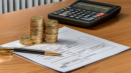 Close-up of a financial document on a wooden desk, accompanied by stacks of coins and a calculator, representing budget management and investment strategies.の素材