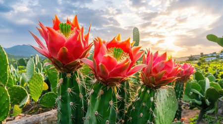 Stunning close-up of vibrant cactus flowers blooming under a dramatic sunset sky. The beautiful scene showcases nature's artistry in a serene desert landscape.の素材