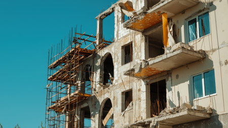 A striking view of an abandoned building undergoing renovation, featuring scaffolding against a clear blue sky and showcasing urban decay and construction efforts.の素材