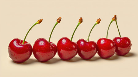 A stunning arrangement of fresh red cherries adorned with water droplets, showcasing their natural beauty against a smooth beige backdrop, perfect for food-related themes.の素材