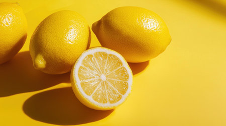 A vibrant still life featuring fresh lemons on a bright yellow surface. The arrangement highlights their juicy texture, perfect for a fresh and healthy lifestyle.の素材