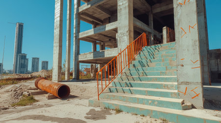 A detailed view of an abandoned construction site featuring concrete stairs and a rusty pipe. The urban skyline in the background highlights the contrast between decay and development.の素材