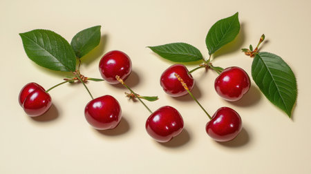 Bright red cherries with vibrant green leaves arranged on a light surface, perfect for showcasing freshness, summer flavors, and healthy eating in food photography.の素材