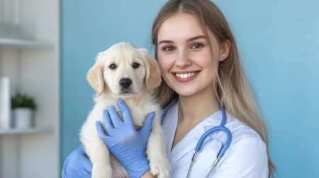 A cheerful veterinarian is holding a golden retriever puppy in a modern clinic, showcasing the bond between animals and healthcare professionals.の素材