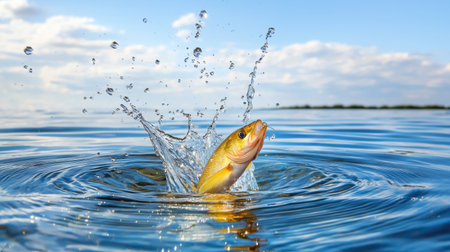 A lively fish leaps out of clear water, creating a dynamic splash against a backdrop of a bright blue sky. This scene captures the essence of outdoor adventure and nature's beauty.の素材