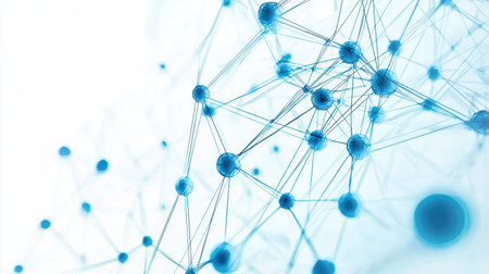 An abstract illustration featuring a blue network structure with nodes and connections, representing technology and communication in a modern design.の素材