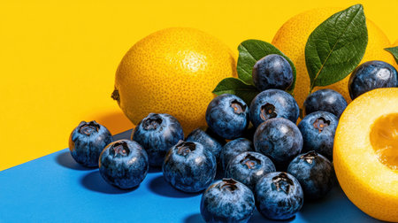 A vibrant arrangement of fresh blueberries and yellow citrus fruits against a bright background, showcasing healthy and delicious ingredients perfect for summer dishes.の素材