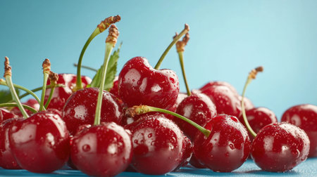 A vibrant display of fresh red cherries covered in water drops against a blue background. Perfect for showcasing healthy eating, summer delights, and organic ingredients.の素材