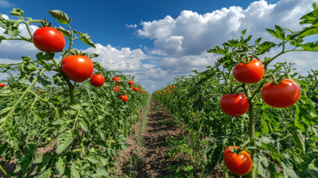 A vibrant field of fresh red tomatoes grows under a bright blue sky filled with fluffy clouds. The lush greenery highlights the beauty of agricultural life.の素材