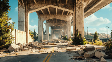 A captivating scene of urban decay showcasing a deserted highway under a bridge, featuring scattered rubble and overgrown vegetation, illustrating neglect and nature's resilience.の素材