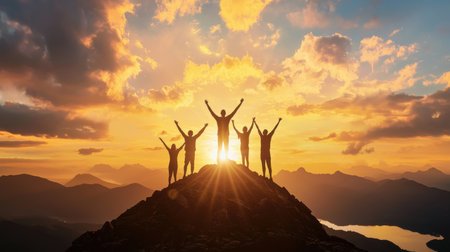 A group of friends celebrates their achievement atop a mountain during a vibrant sunset. The silhouetted figures express joy and camaraderie against a stunning backdrop of nature.の素材