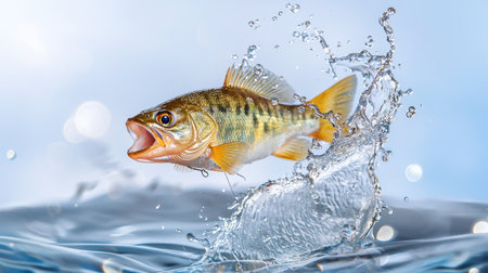 A vibrant fish leaps out of sparkling water, creating stunning splashes that capture the essence of nature's beauty and energetic aquatic life.の素材