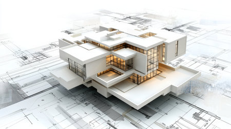 This image showcases a modern architectural design rendered in 3D, featuring layered elements. The backdrop includes detailed blueprints, enhancing the creative concept.の素材