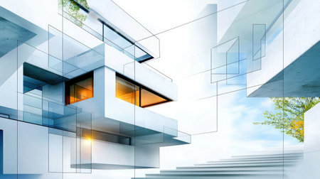 Explore innovative modern architecture with geometric designs featuring bright spaces and clean lines. This image captures a unique blend of structure and nature.の素材
