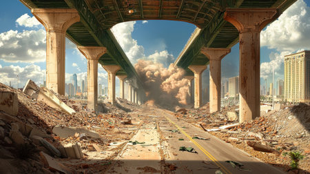A stark urban environment showing the aftermath of infrastructure collapse, with debris scattered across a deserted roadway and smoke rising in the background.の素材