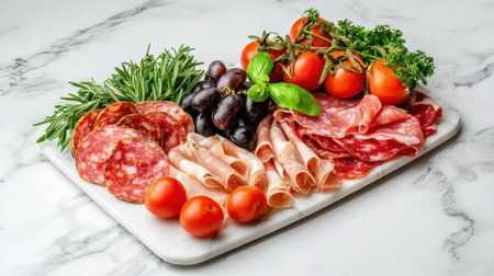 A vibrant arrangement of fresh meats, cheeses, and herbs on a marble surface, perfect for entertaining guests or enjoying a gourmet meal.の素材