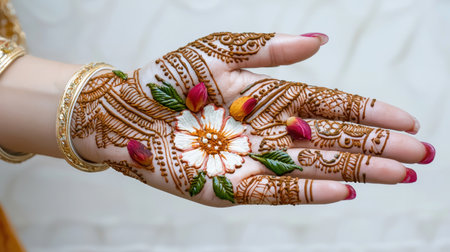 This captivating image showcases a beautifully designed henna art on a hand, featuring floral motifs and delicate rose petals. Perfect for cultural celebrations.の素材