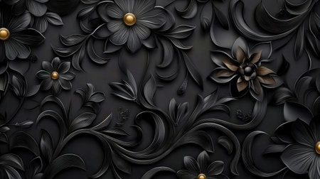 This stunning black floral relief design features intricate details and golden accents, creating a sophisticated and elegant background ideal for various artistic projects.の素材