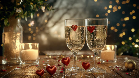 Two elegant champagne glasses filled with sparkling drink, adorned with red heart shapes, surrounded by candles and rose petals, creating a romantic atmosphere.の素材