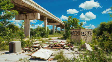 A striking view of an abandoned overpass, surrounded by lush green vegetation and scattered debris, showcases the beauty in urban decay under a bright blue sky.の素材