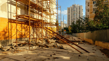 A construction site featuring scaffolding, debris, and clear blue sky in a city setting, highlighting urban renovation and infrastructure development.の素材