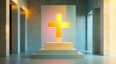 A striking illuminated cross stands at the center of a modern space, bathed in soft light. This serene setting evokes feelings of peace, spirituality, and reflection.の素材