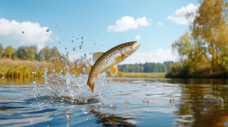 A beautiful brown trout leaps out of the water, creating a splash in a tranquil river surrounded by lush trees and a bright sky, capturing a moment of wilderness adventure.の素材