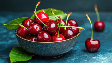 A vibrant collection of fresh red cherries in a decorative bowl, surrounded by green leaves, set against a striking blue background, ideal for food-related designs.の素材