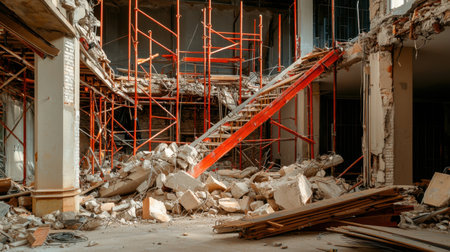 Captivating view of an abandoned construction site filled with scaffolding and debris. The disarray showcases an incomplete project, evoking themes of urban decay and renovation challenges.の素材