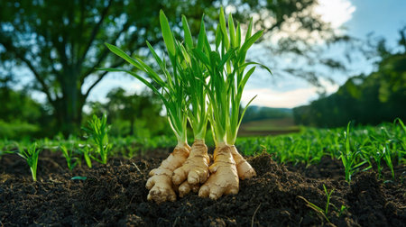 Fresh ginger roots with lush green sprouts rise from rich soil in a picturesque outdoor setting, reflecting nature's beauty and the essence of organic farming.の素材