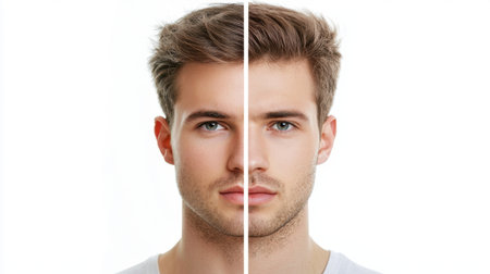 A striking portrait of a young man with a split face, showcasing two contrasting expressions. This image highlights the beauty and depth of human emotions.の素材